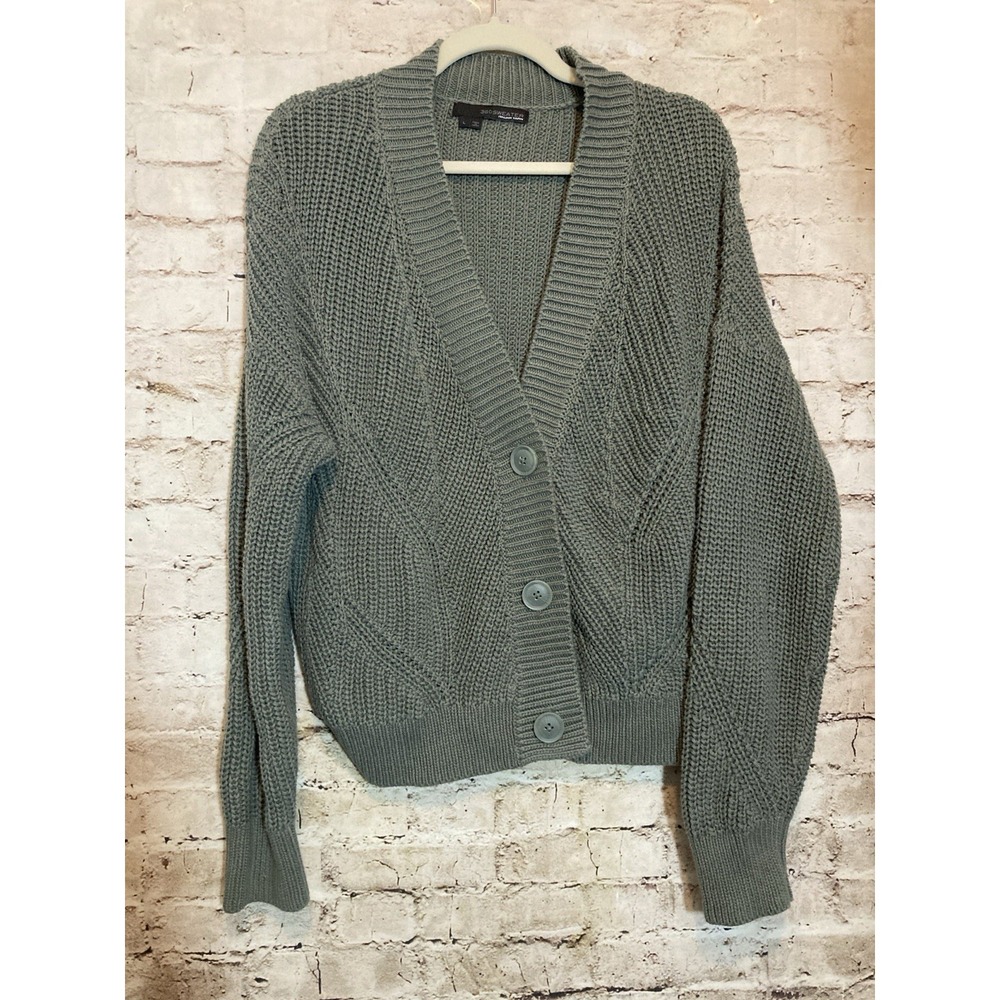 360‎ Sweater Cardigan Large Sage Green Chunky Knit Italian Yarn Country Cottage
